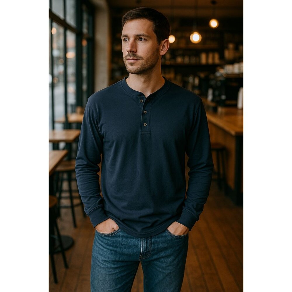 L.L. Bean Henley Shirt  Navy Blue Men’s L Cotton Traditional Fit Minimalist